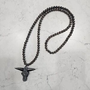 Rhinestone Bull Head Pendant Necklace Dark Brown Beads Long‎ 20" Bohemian Style